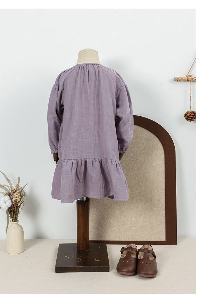Girls' Purple Gauze Cotton Long Sleeve Dress, Casual Loose Ruffle Hem Kids' Dress, V-Neck Drawstring Casual Playwear