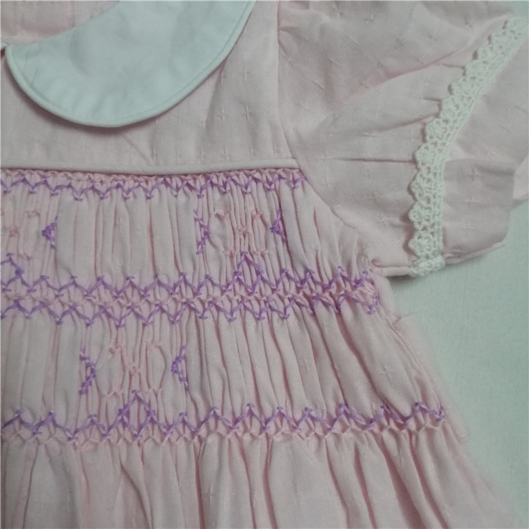 Girls Pink Peter Pan Collar Smocked Dress with Hand Embroidery Lace Trim and Waist Bow Kids Summer Cotton Dress