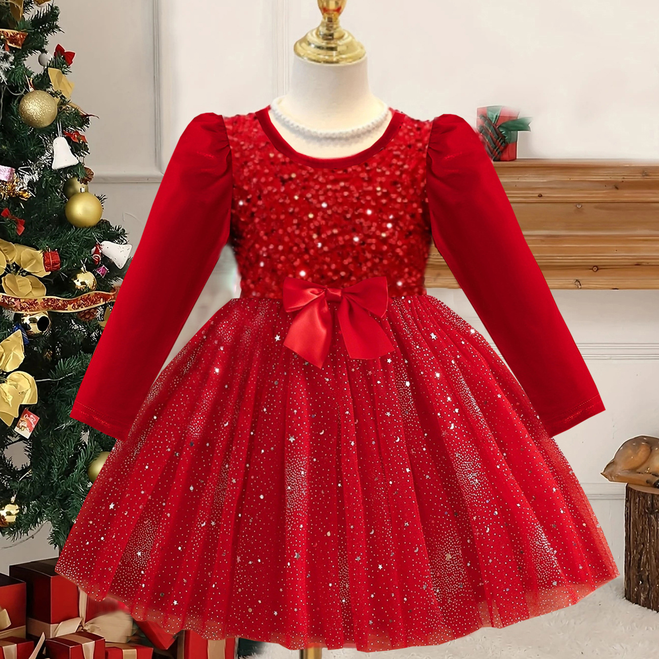 Luxury Girls Christmas Red Sequin Dress Kids Velvet Tulle Long Sleeve Princess Gown for Holiday Party