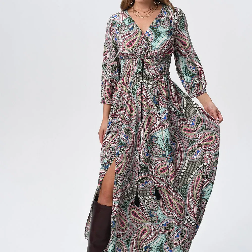 2025 Summer Maxi for Women Girls Fashion Paisley Print Casual Elegant Dress Plus Size Clothing Smocking Long Dress