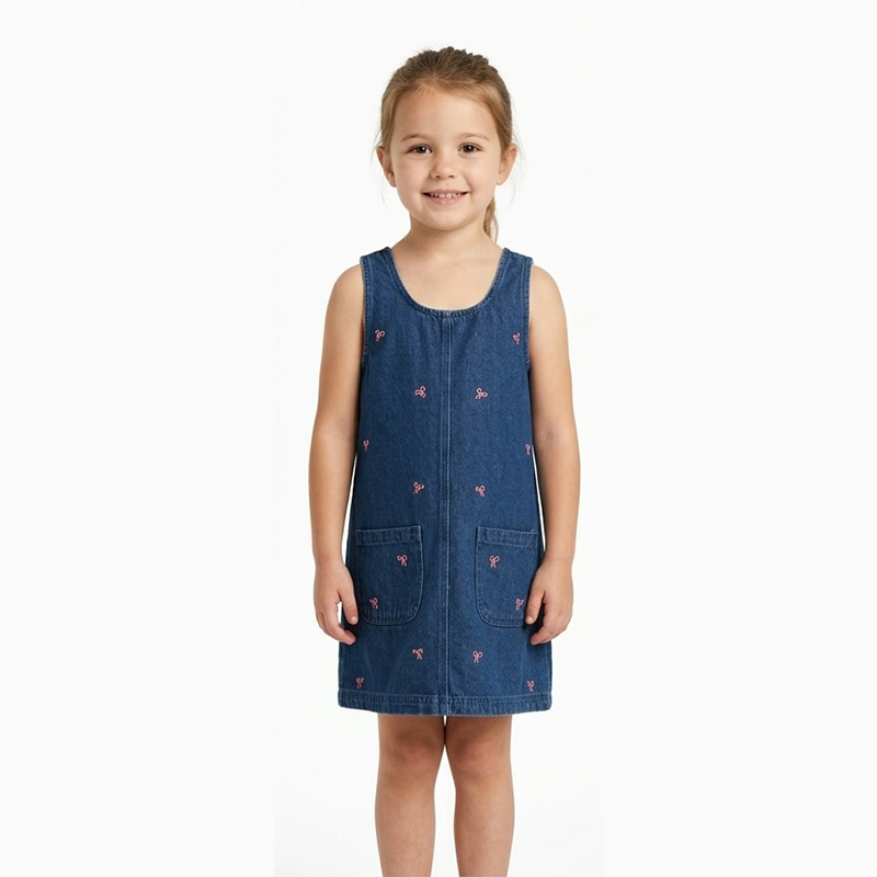 Custom Bow Embroidered Girls Summer Casual Sleeveless Straight Knee-Length Denim Dress