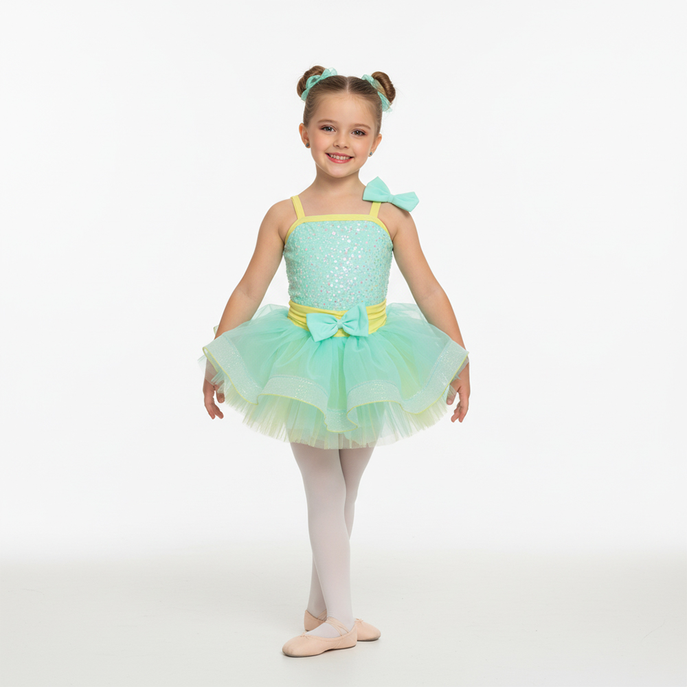 Girls Kids Dance Recital Costume Mint Green Sequin Ballet Tutu Dress Layered Tulle Stage Performance