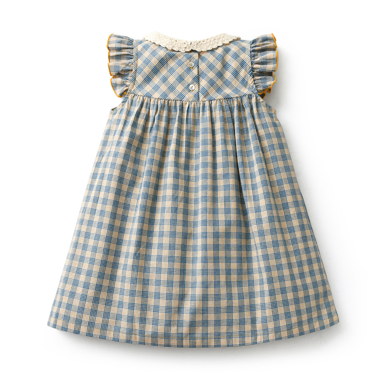 In Stock Summer Vintage Plaid Sleeveless Kids Dress Lace Collar Spanish Boutique Cotton Frocks Baby Girl Dresses