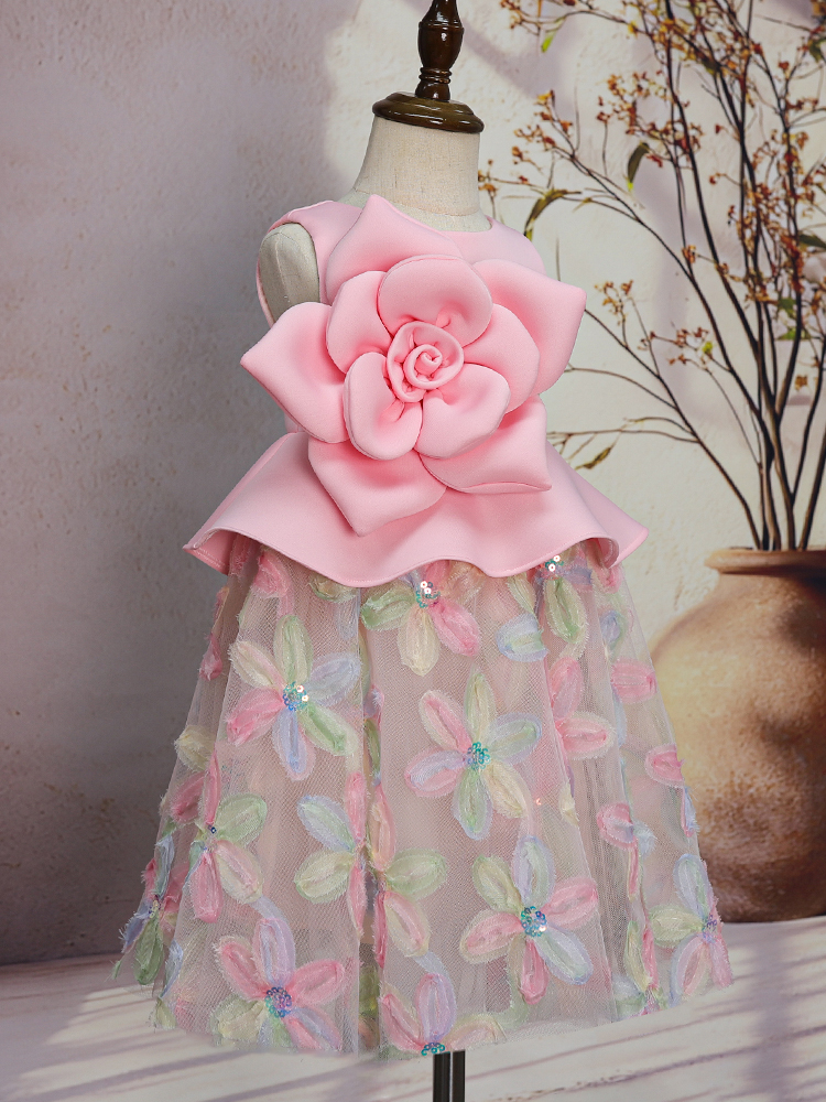 Princess Design Little Baby Girls 3D Big Flowers Dresses Ruffles Elegant Flowers Birthday Wedding Tulle Clothes Boutiques