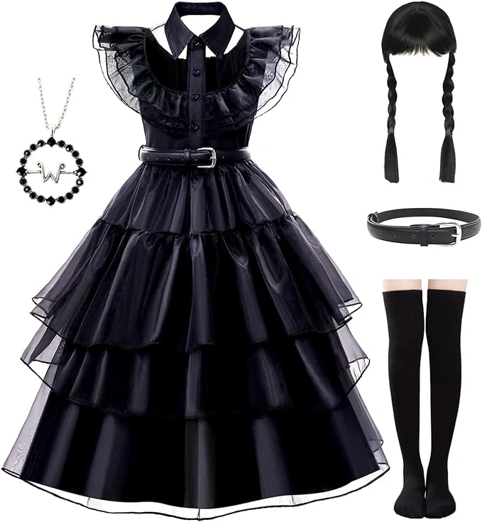 3-12 Years Wednesday Addams Dress Gifts for Girls Cosplay Black Party Gown