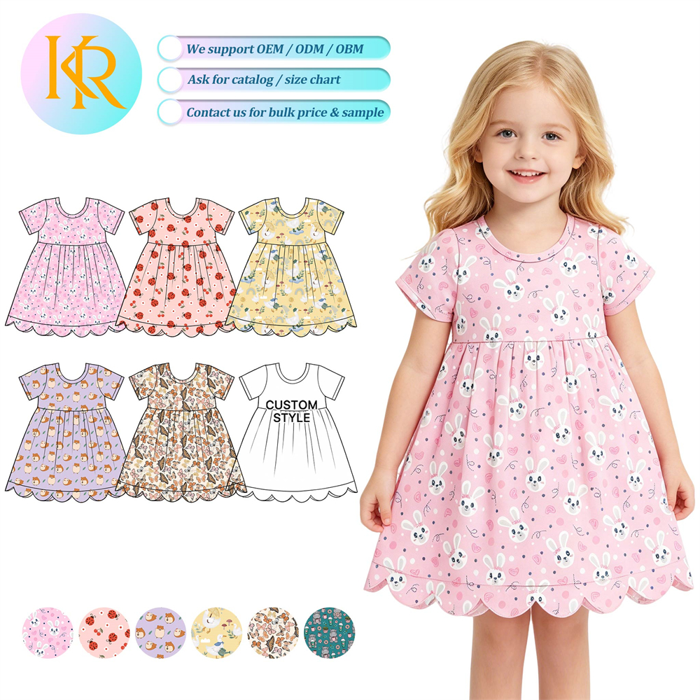 KR Kids' Cute Printed Dress Short Sleeve Scallop Hem Sundress 6 Assorted Animal &amp; Floral Printed Summer Dress