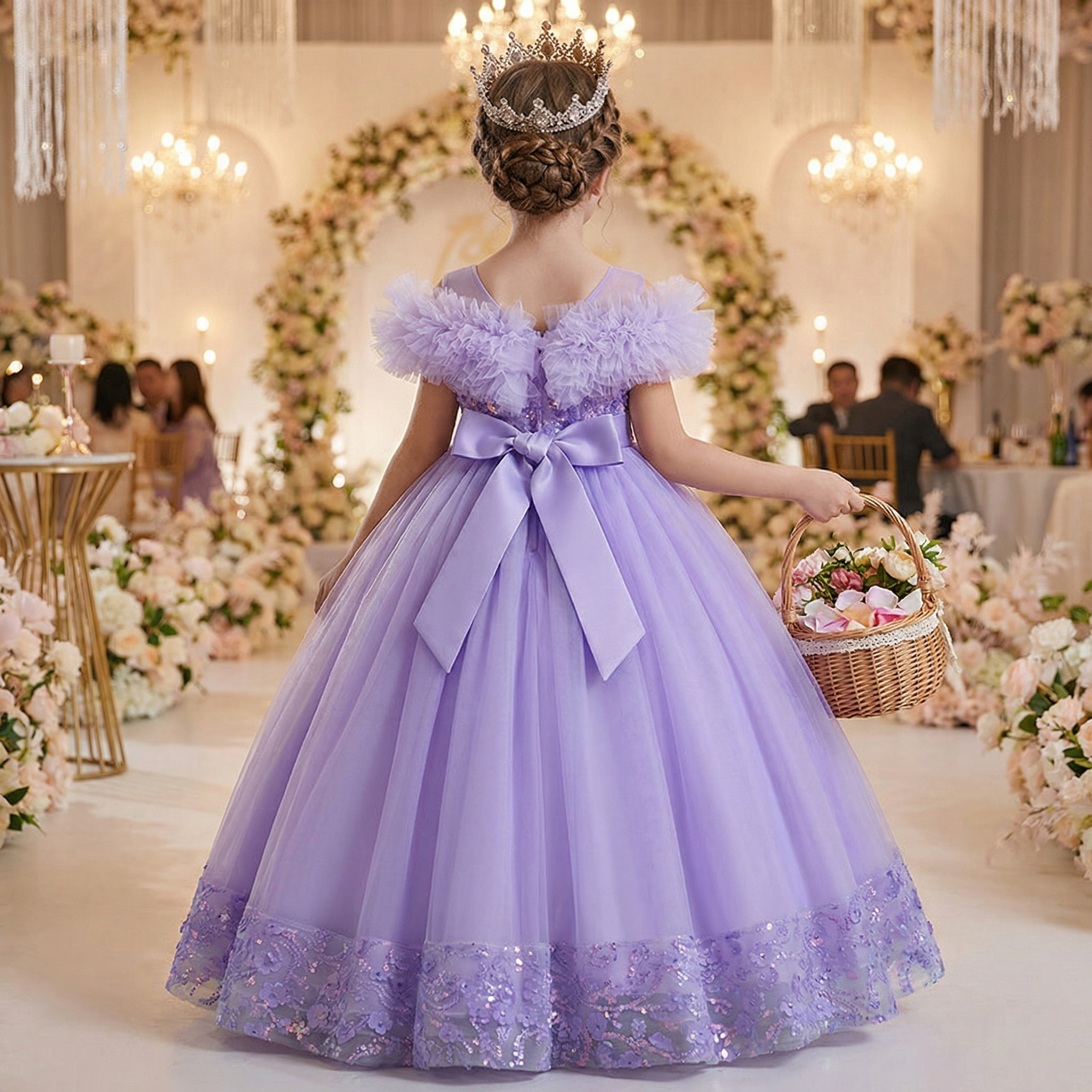 Western Style Fluffy Mesh Girl Party Dress Shining Beads Flower Girl Wedding Dress Elegant Children's Princess Dress for 10 Y