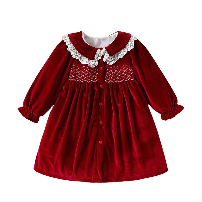 Wholesale Kids Boutique Clothing Toddler Girl Party Dress Winter Red Velvet Girls Smocked Dress Baby Girls Christmas Dress