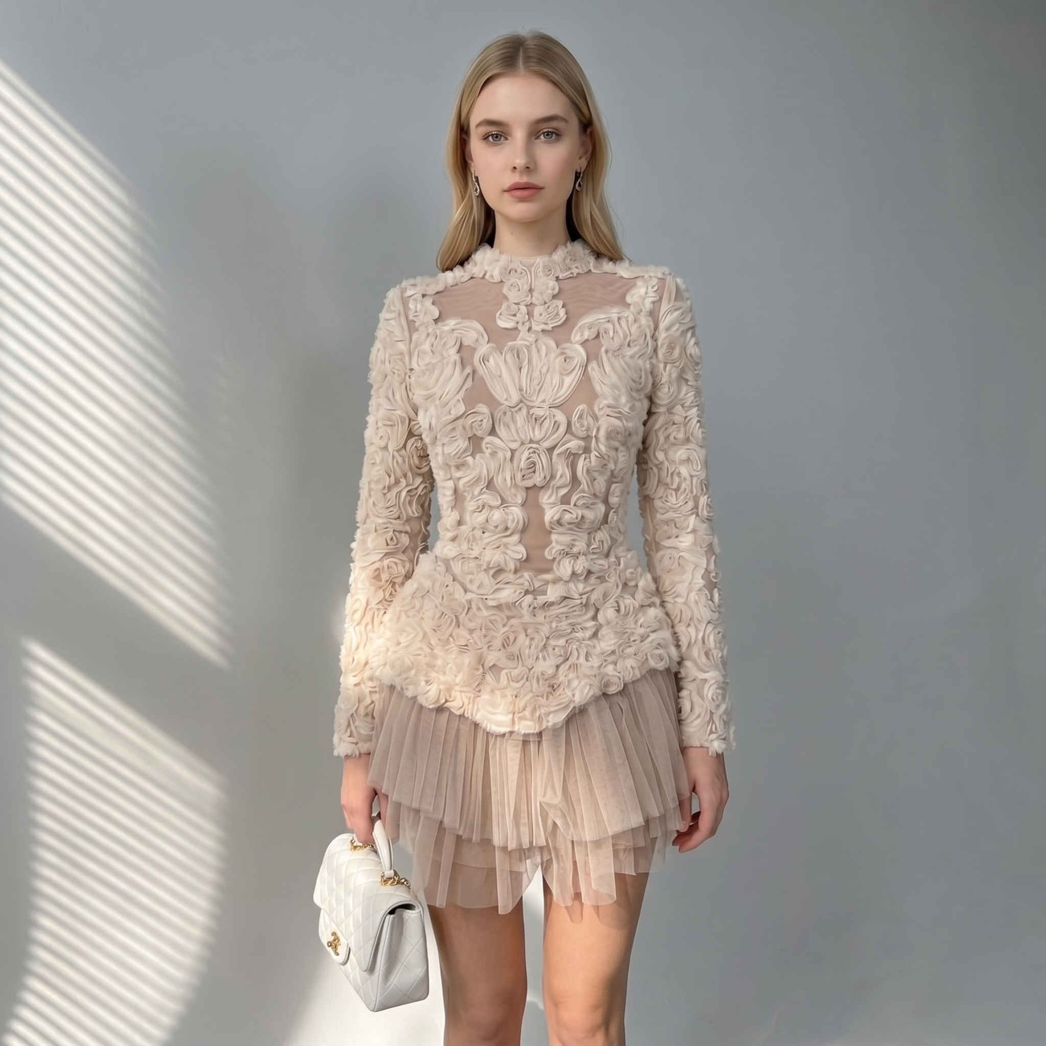 ODM Girls Ruffled Tulle Knee-Length Casual Long Sleeve Mesh Princess Gown Leisure Front Logo Multiple Sizes Customizable