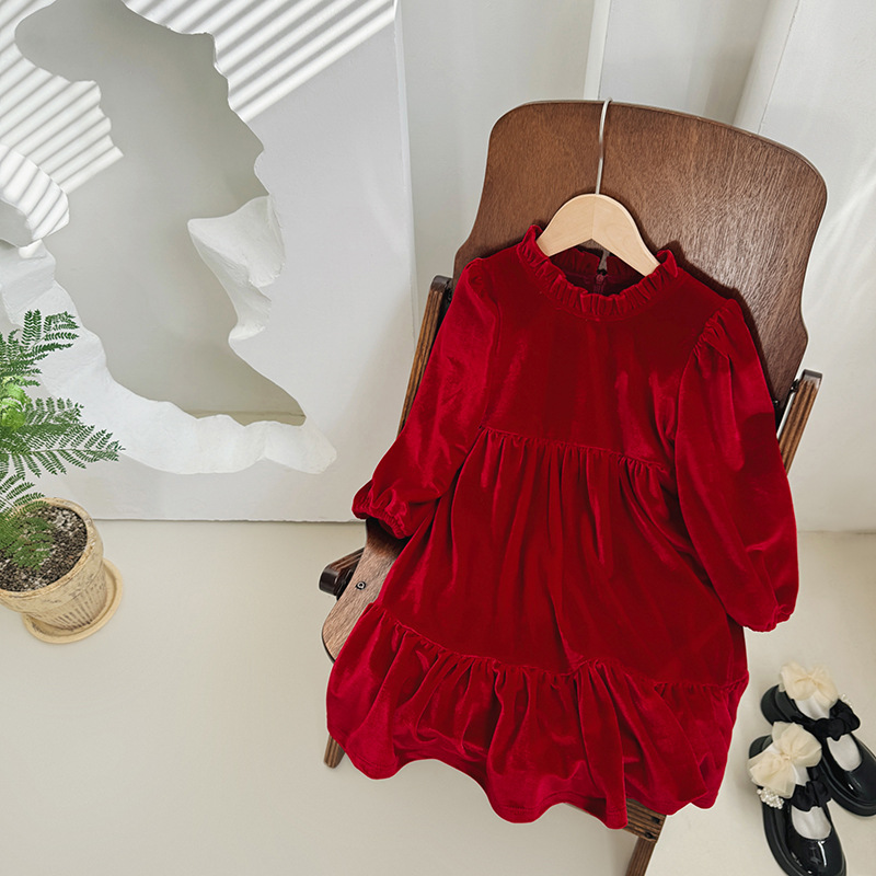 Winter Celebrity Design Kids Christmas Fashion Velvet High Quality Dress Toddler Baby Girl Long Sleeve Elegant Princess Dress