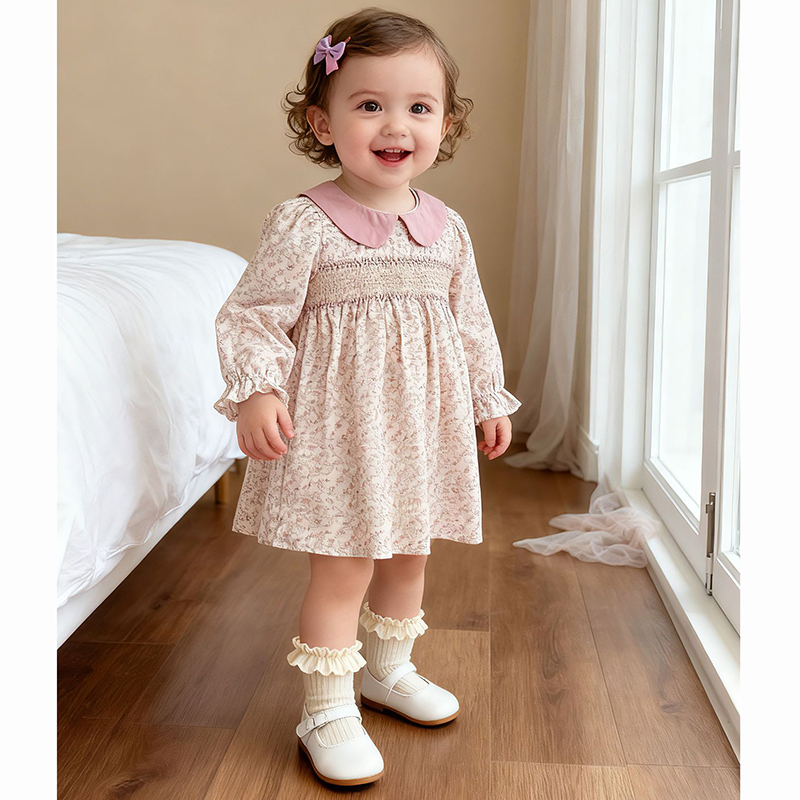 1-6Yrs Girls Baby Dress 2026 Spring Floral Dress Sweet Princess Girl Kids Doll Collar Cotton Birthday Dresses Children Clothes