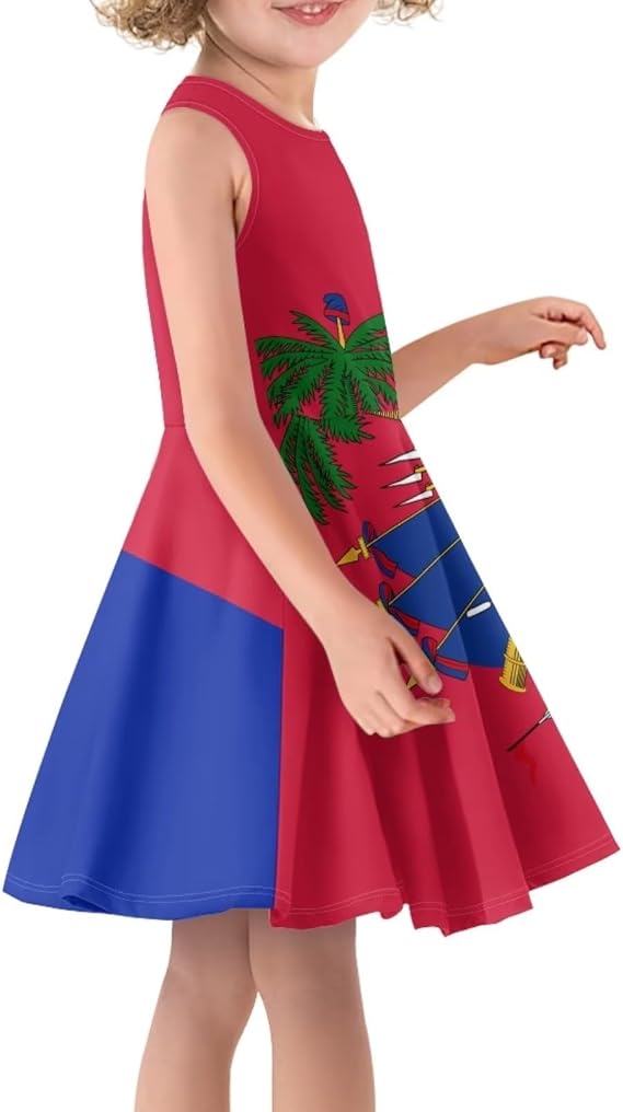 Casual Princess Summer Haiti Dresses Halter O-Neck Beach Sundress Kids Haiti Flag Skirt for Baby Little Girl