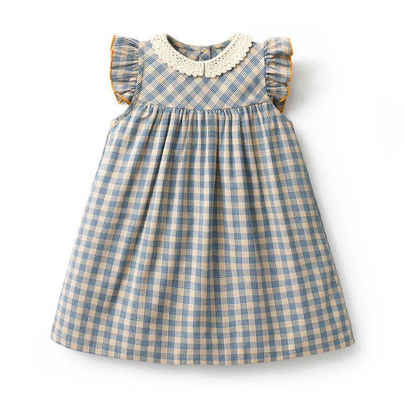 In Stock Summer Vintage Plaid Sleeveless Kids Dress Lace Collar Spanish Boutique Cotton Frocks Baby Girl Dresses