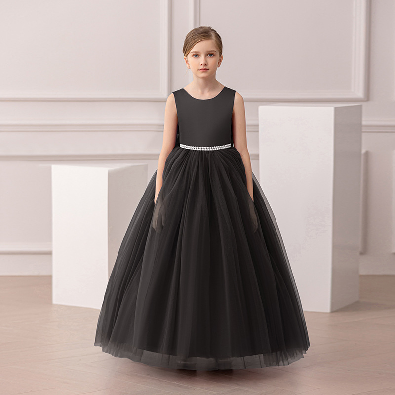 Elegant Girls Full-Length Party Dress - Sleeveless Tulle Gown with Pearl Waistline and Bow, Available in Red, Pink, and Black