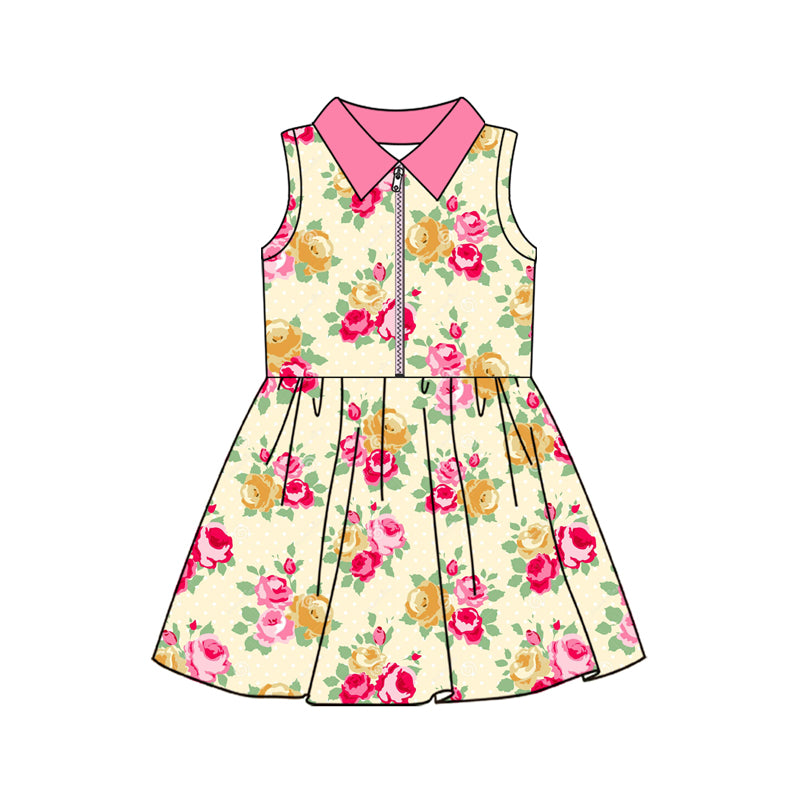 Colorful Flowers Sleeveless Zipper Girls Dress Skorts Everyday Girls Dress