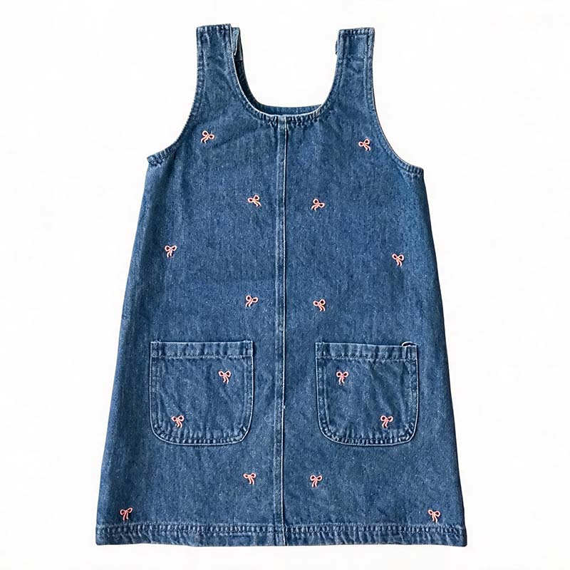 Custom Bow Embroidered Girls Summer Casual Sleeveless Straight Knee-Length Denim Dress