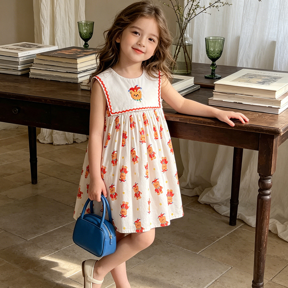 Cool Breathable Sleeveless Kids Girls Dress Cartoon Bear Print Summer Casual Daily Play Dress