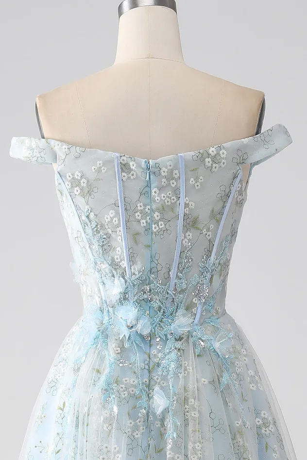 Sexy Sky Blue off Shoulder 3D Floral Embroidery Sheer Corset Tulle Cocktail Party Full Dresses Girl Dress