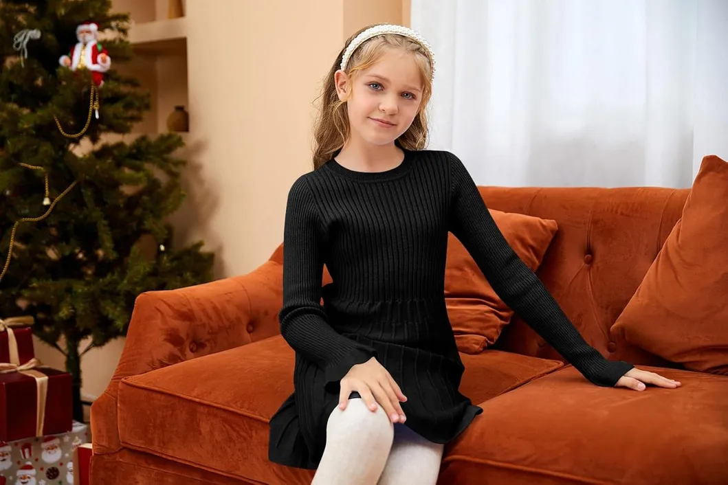 Girls Ribbed Knit Dress Long Sleeve Ruffle