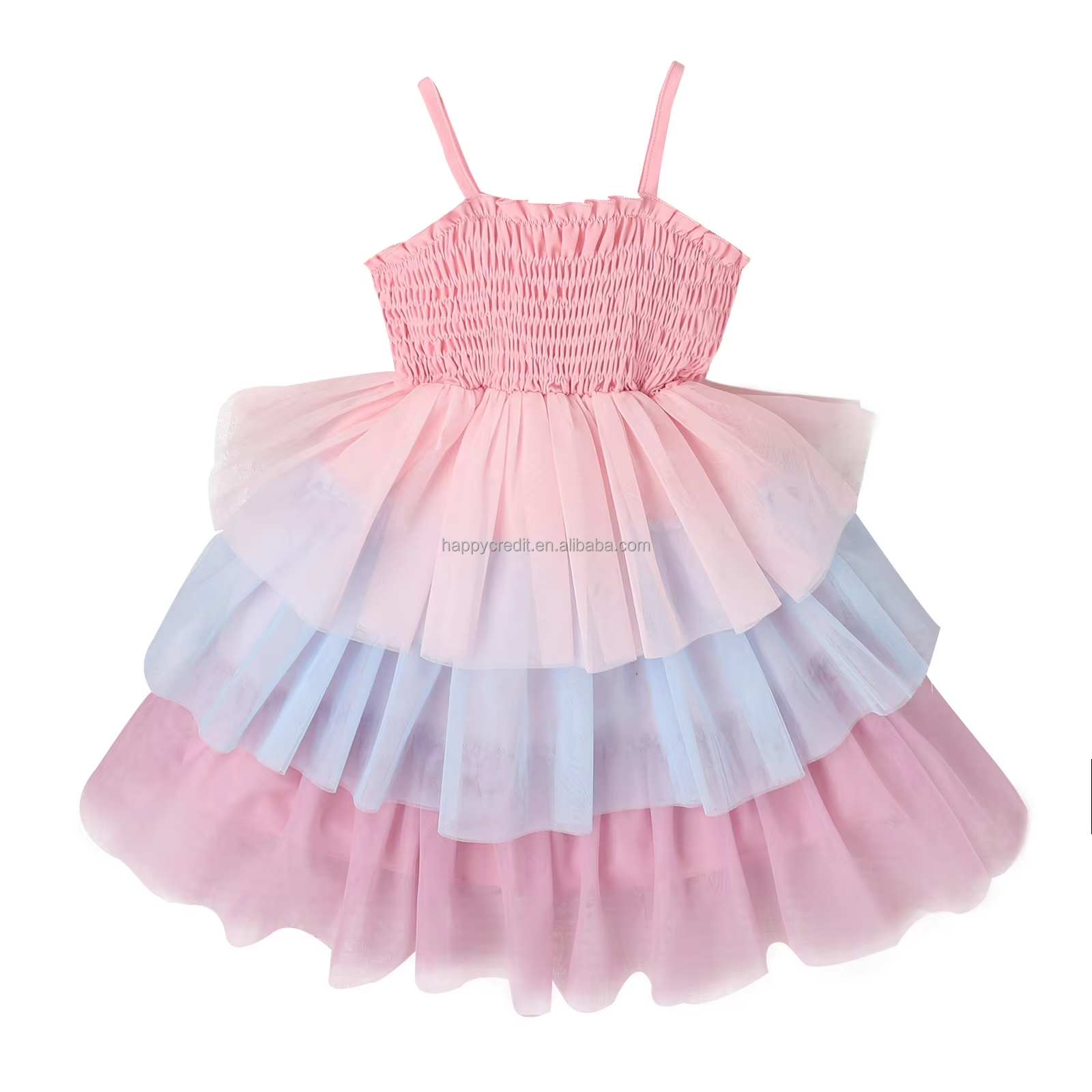 Girls Pink Blue Gradient Strap Tiered Tulle Dress Smocked Bodice Princess Kids Toddler Birthday Casual Play Party Gown ODM 100%