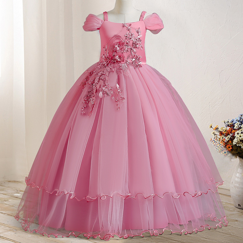 Hot Selling Kids Gown Girls Birthday Pageant Party Dress Solid Formal Vintage Embroidery Lace Off Shoulder Girls Princess Dress