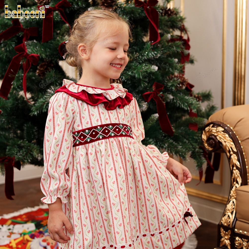Girls Children Holiday Print Dress O-Neck Collar Velvet Waistband 100% Cotton ODM Wholesale Smocked A-Line Mini Casual
