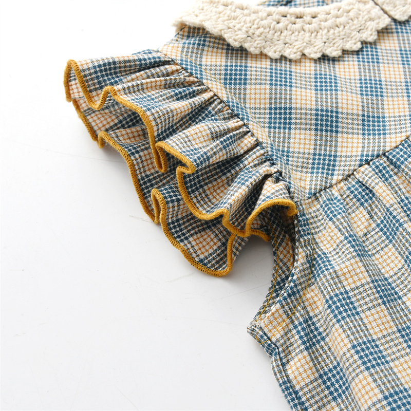 In Stock Summer Vintage Plaid Sleeveless Kids Dress Lace Collar Spanish Boutique Cotton Frocks Baby Girl Dresses