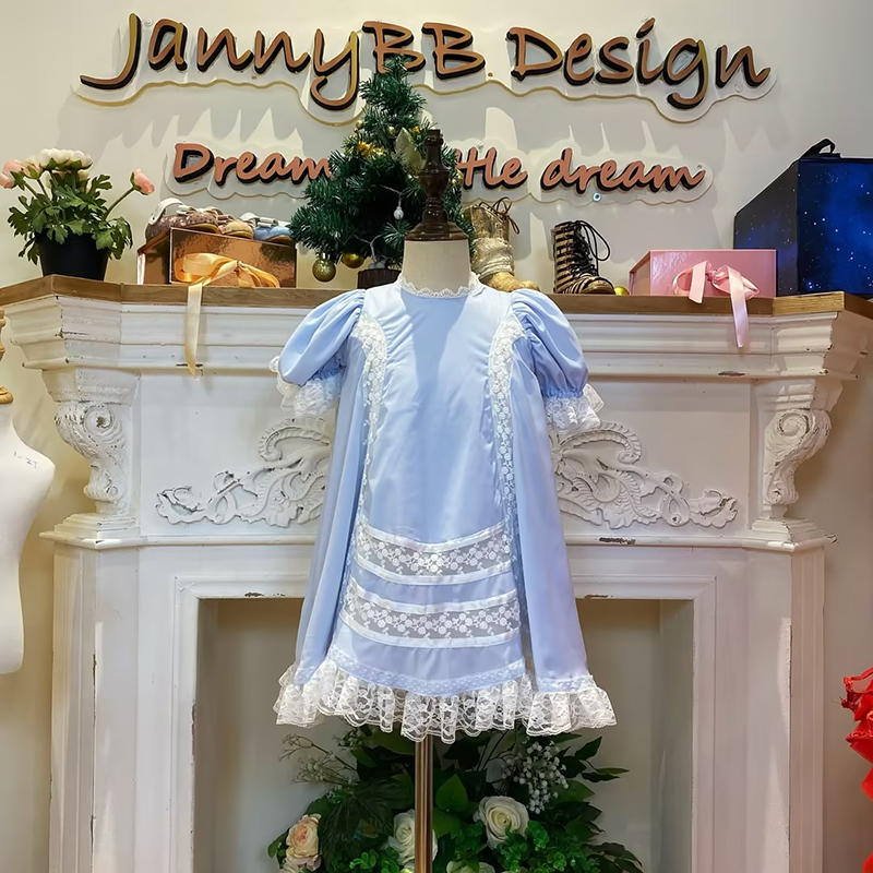 Lace Trim Heirloom Dress Girls Embroidered Rayon Tiered Skirt Vintage Kids Gown Classic Baby Girl Casual Dress