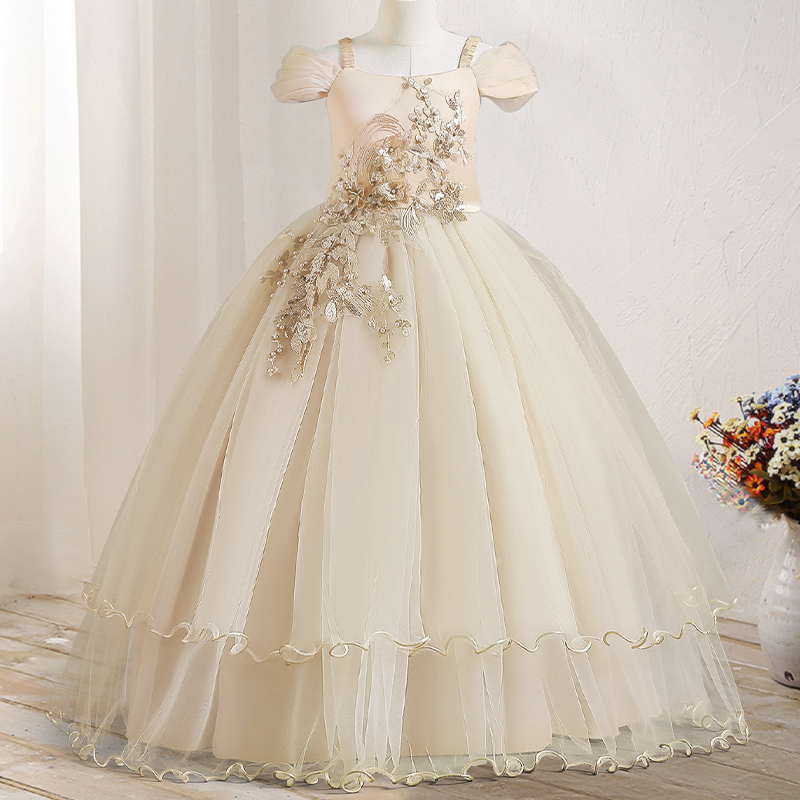 Hot Selling Kids Gown Girls Birthday Pageant Party Dress Solid Formal Vintage Embroidery Lace Off Shoulder Girls Princess Dress