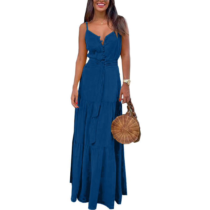 New Arrivals Solid Color Girls Spaghetti Strap Summer Dresses Women Casual Sleeveless V-Neck Long Maxi Dress Ladies