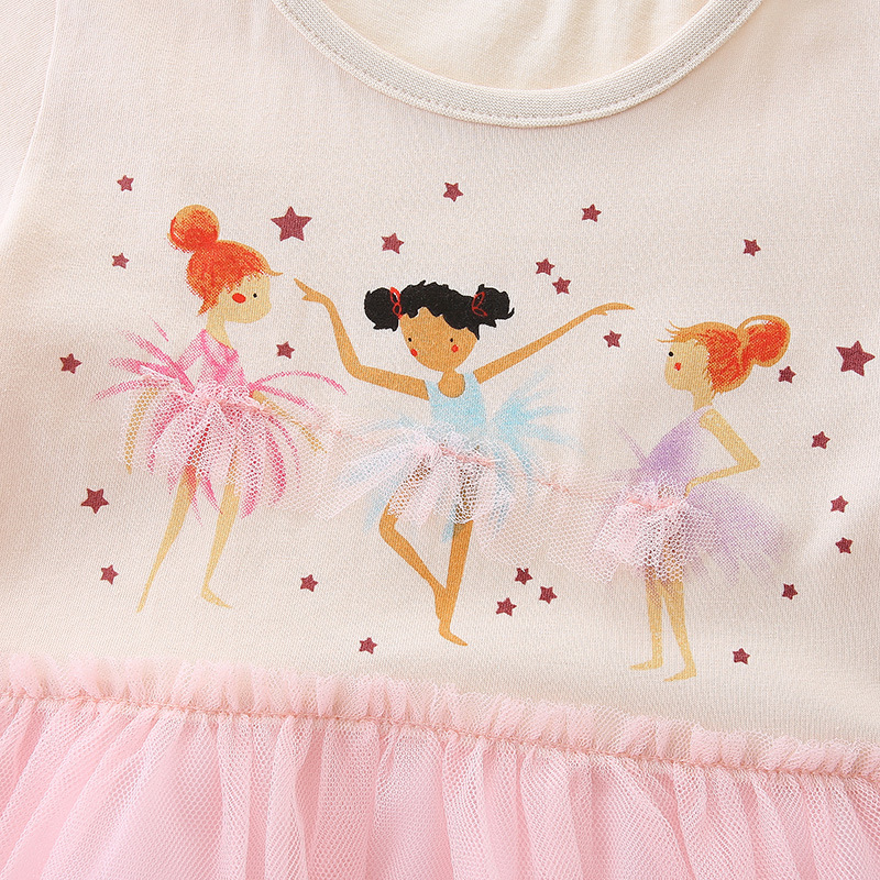 OEM ODM Girls Pink Ballerina Print Cotton Blend Tulle Dress Round Neck Ruffle Toddler Summer Casual Play Dress Clothes for Kids