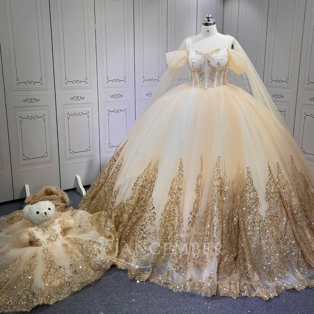 LSMU65 Vintage Champagne Off-Shoulder Lace Beading Appliques Ball Gown Sweetheart Neckline Chapel Train Party Girls Dress Shawl