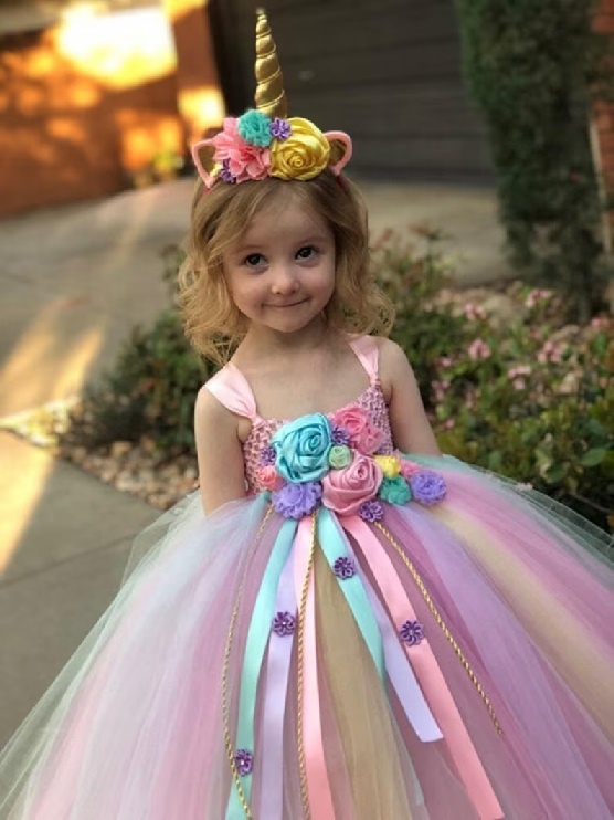 Kids Unicorn Tutu Dress Girls Ball Gown with Daisy Ribbons for Wedding Birthday Party Evening For Women