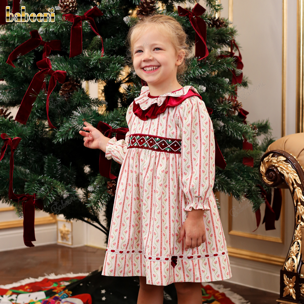 Girls Children Holiday Print Dress O-Neck Collar Velvet Waistband 100% Cotton ODM Wholesale Smocked A-Line Mini Casual