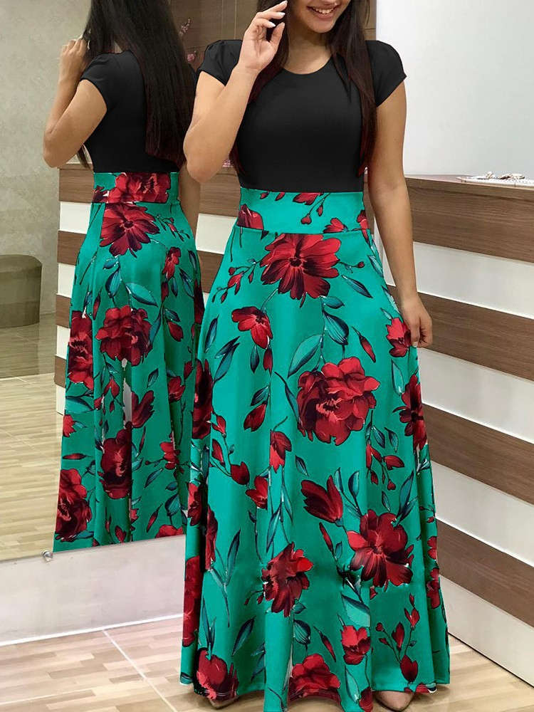 New Fashion Women Summer Long Dress Short Sleeve Girls Slim Long Style Patchwork One-Piece Clothing Maxi Dress