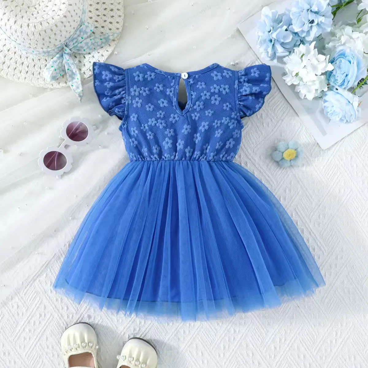 Wholesale OEM Toddler Girls Blue Tulle Ruffle Sleeve Floral Princess Party Dress