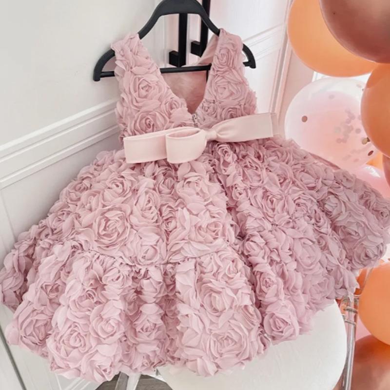 Girls Baby Korean Summer Formal Dress Flower Design Knee-Length Luxury Birthday Party Wear