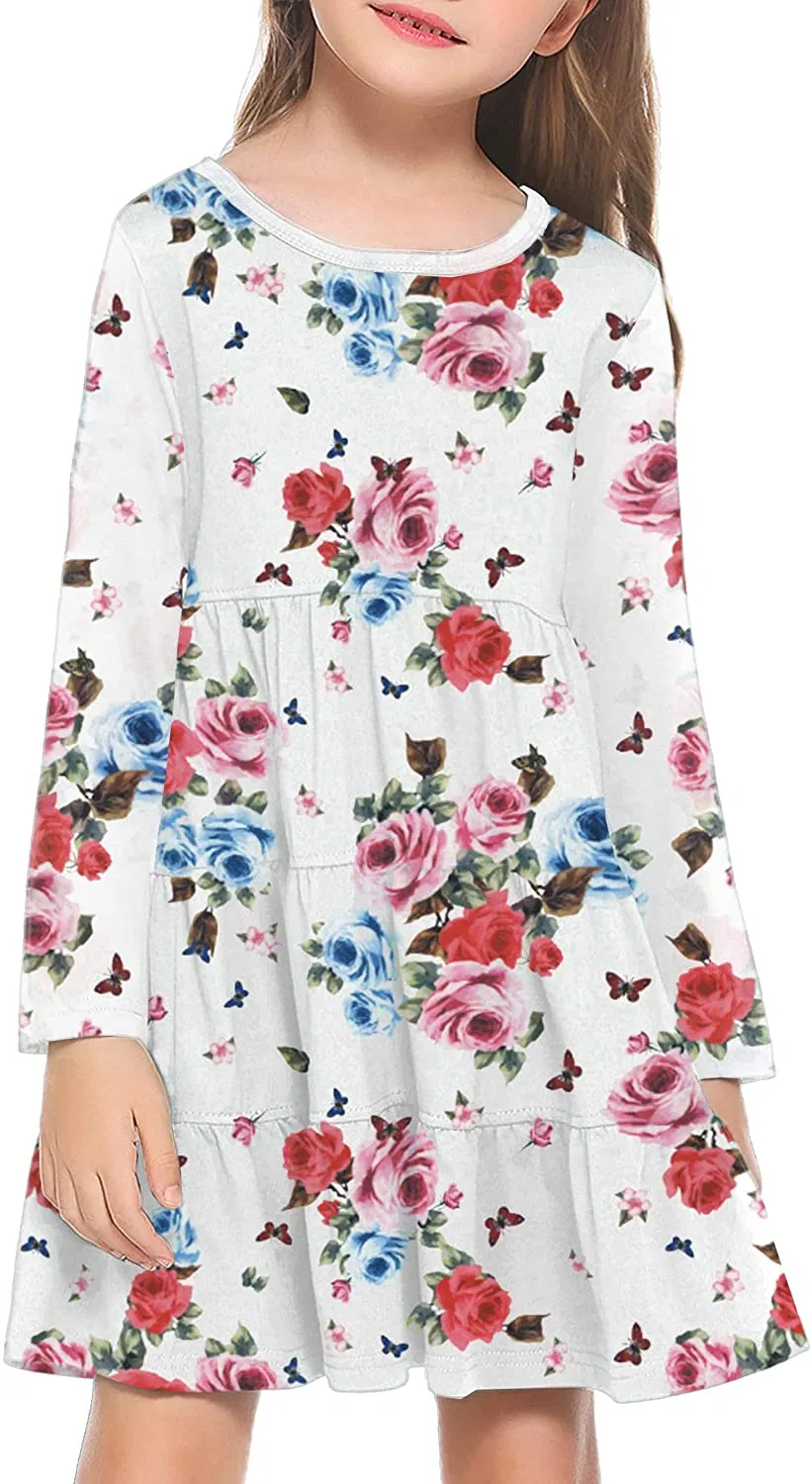 Girl Cotton Casual Long Sleeve Dress Tiered Ruffle Swing Tunic A-Line Pleated Knee Length Dress