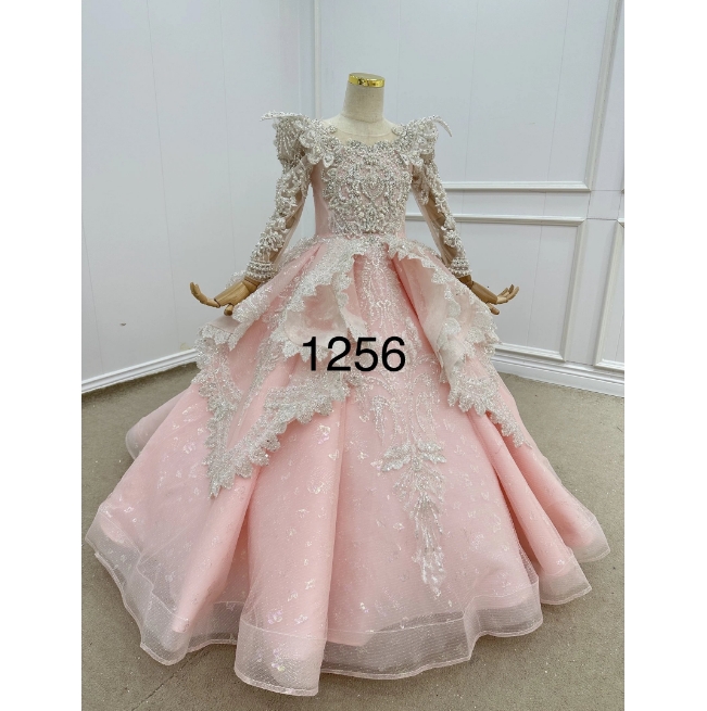 QUEENS Gown Latest pink Child Party Dress Heavy Beaded Crystal Pearl Wedding Flower Girl Dresses With Long Sleeve