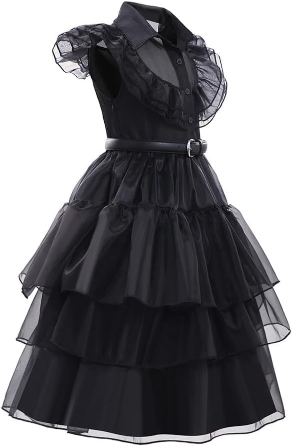 3-12 Years Wednesday Addams Dress Gifts for Girls Cosplay Black Party Gown