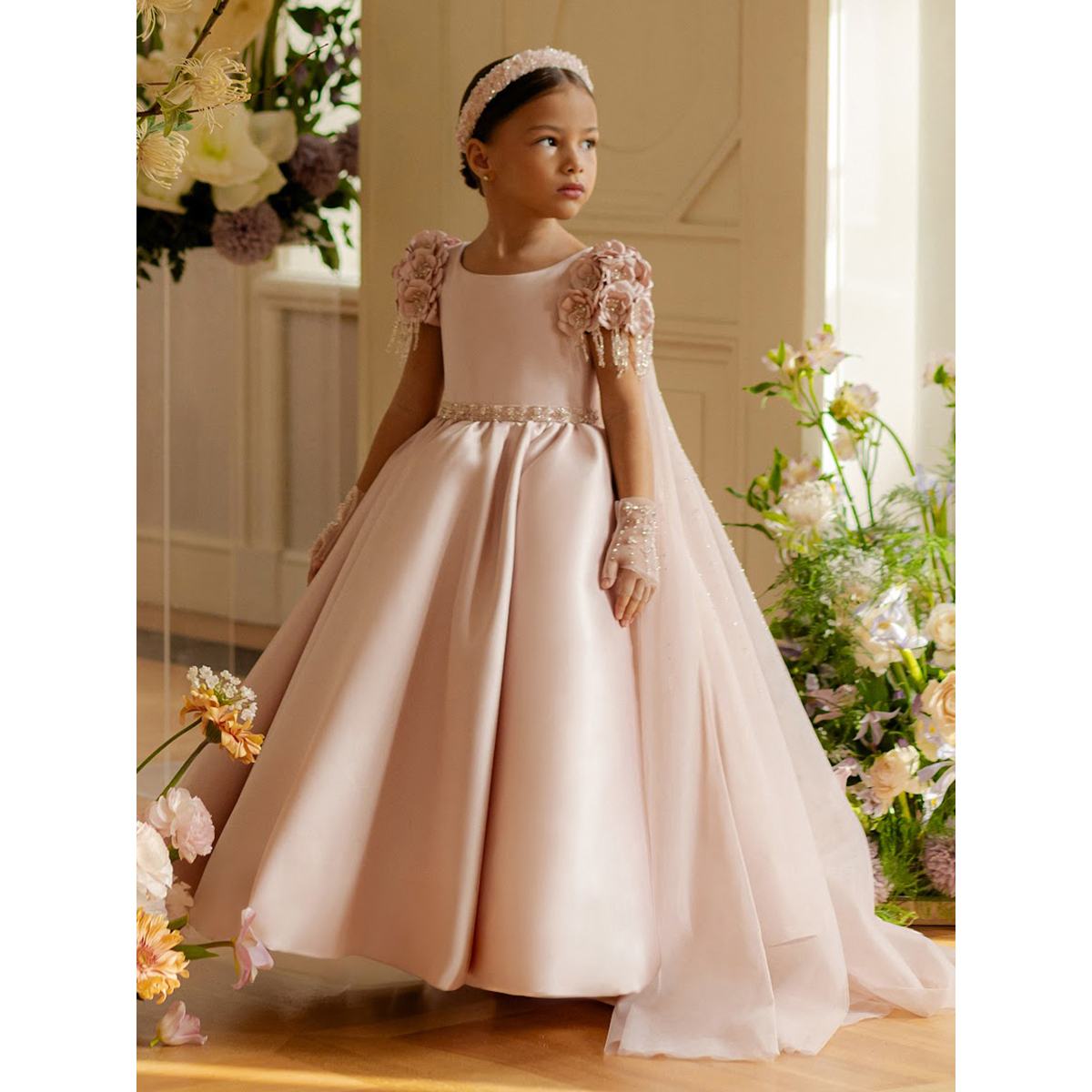 Pink Satin Western Special Occasion Kid Wedding Party Formal Design Beads High Quality Floor Length Children Flower Girl Dress