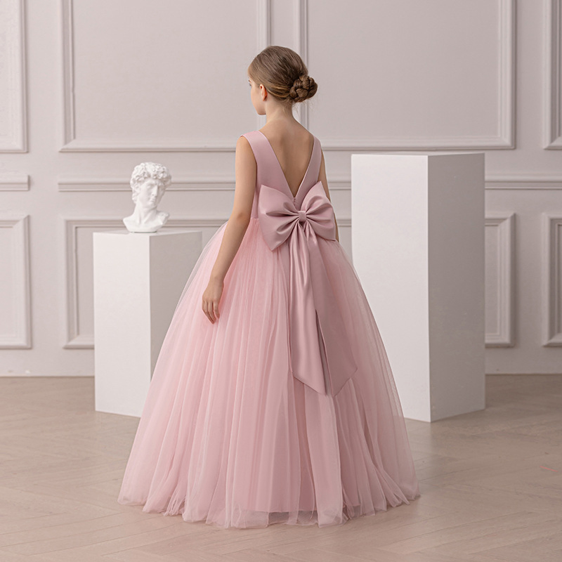 Elegant Girls Full-Length Party Dress - Sleeveless Tulle Gown with Pearl Waistline and Bow, Available in Red, Pink, and Black