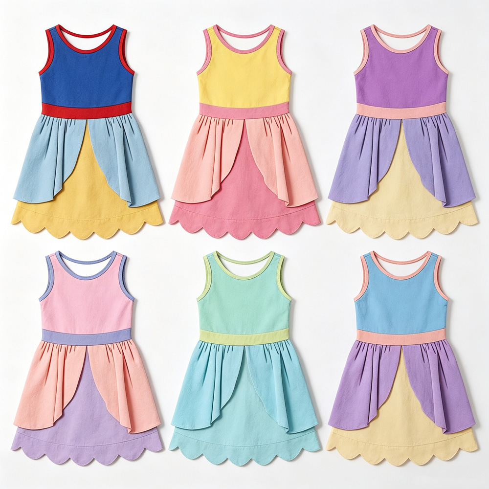 Girls' Wholesale Princess Inspired Sleeveless Dress Bulk Color Block Scallop Hem Sundress Girls Yoga Dress