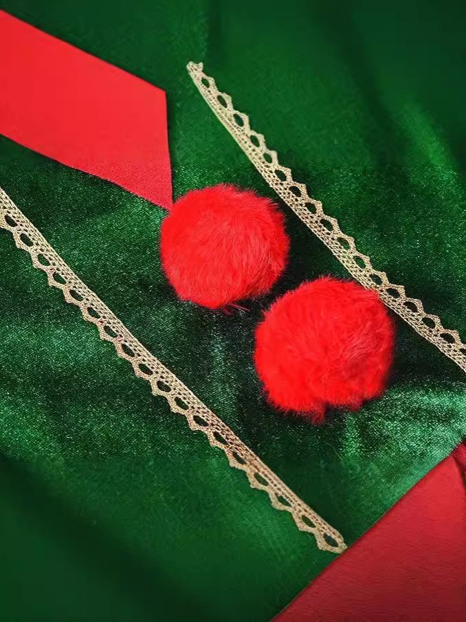 Kids Girls Christmas Costume Polyester Comfortable Velvet Long Sleeve Red and Green Stripe Santa Elf Dress