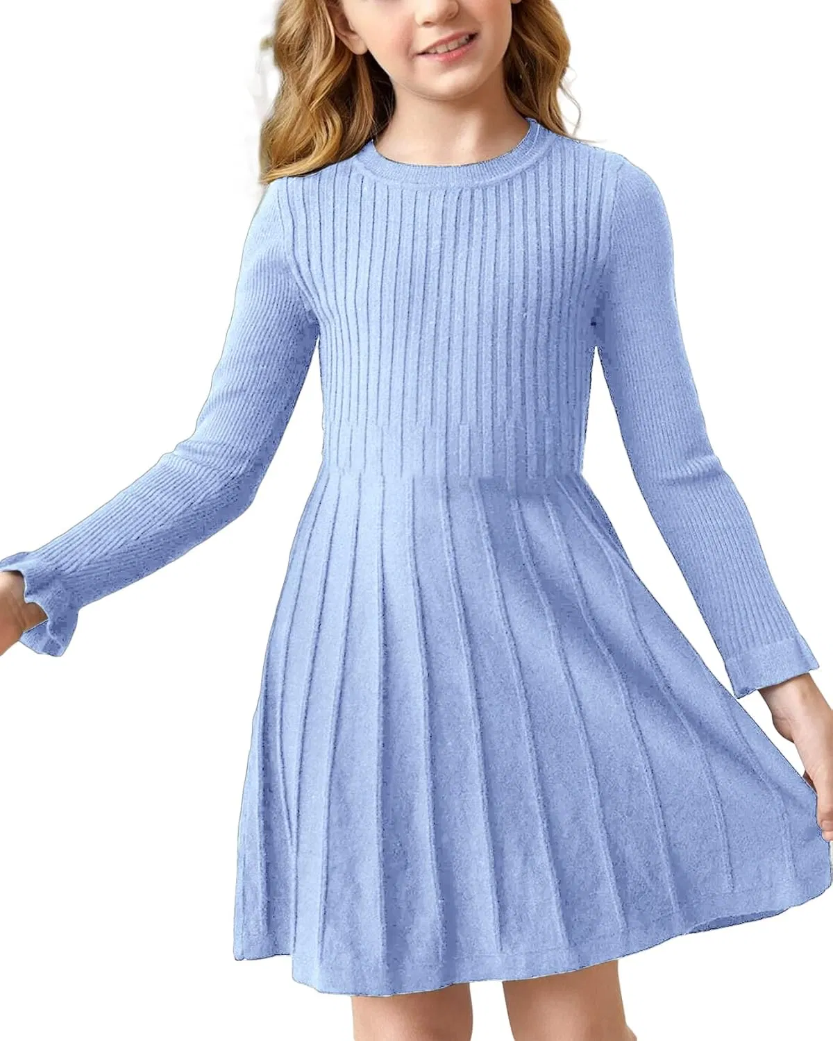 Girls Ribbed Knit Dress Long Sleeve Ruffle