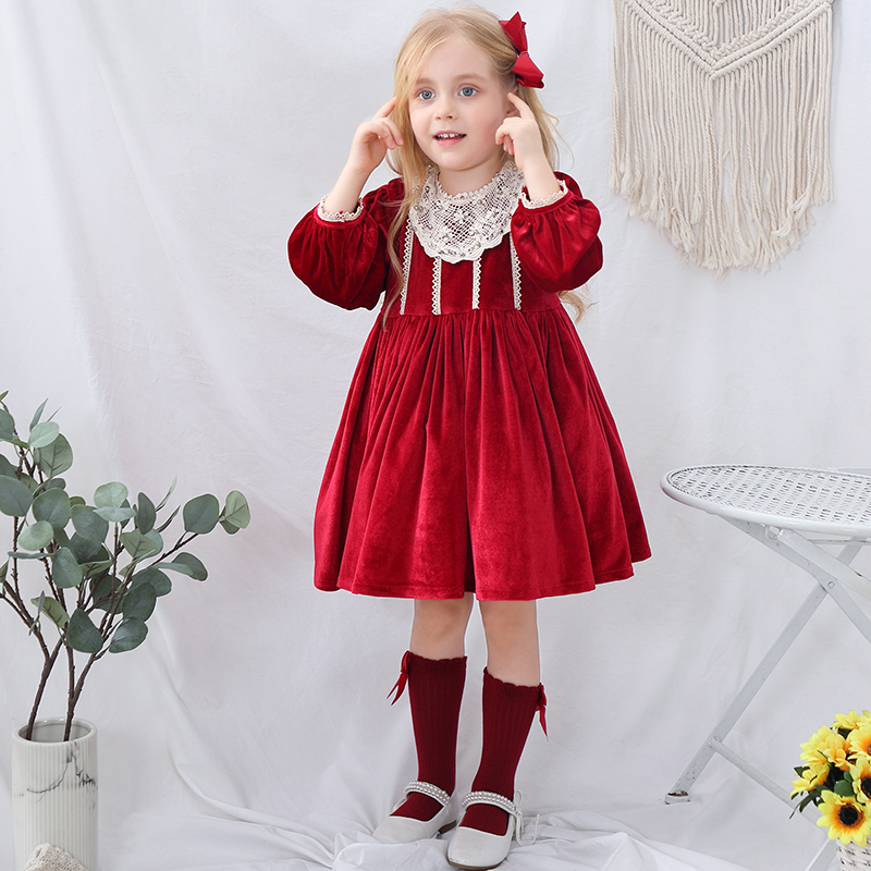 Kids Boutique Dress Winter Party Red Velvet Girls Spanish Dress Baby Christmas Dress