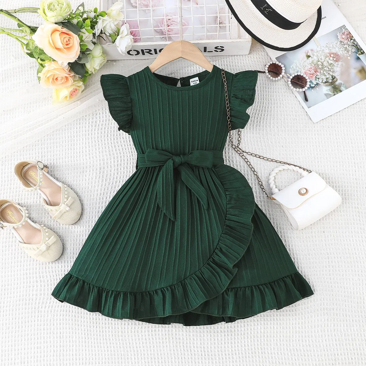 Summer Kids Dresses for Girls Ruffle Sleeve Birthday Party Clothes Solid Color Sweet Princess Dress Children Holiday