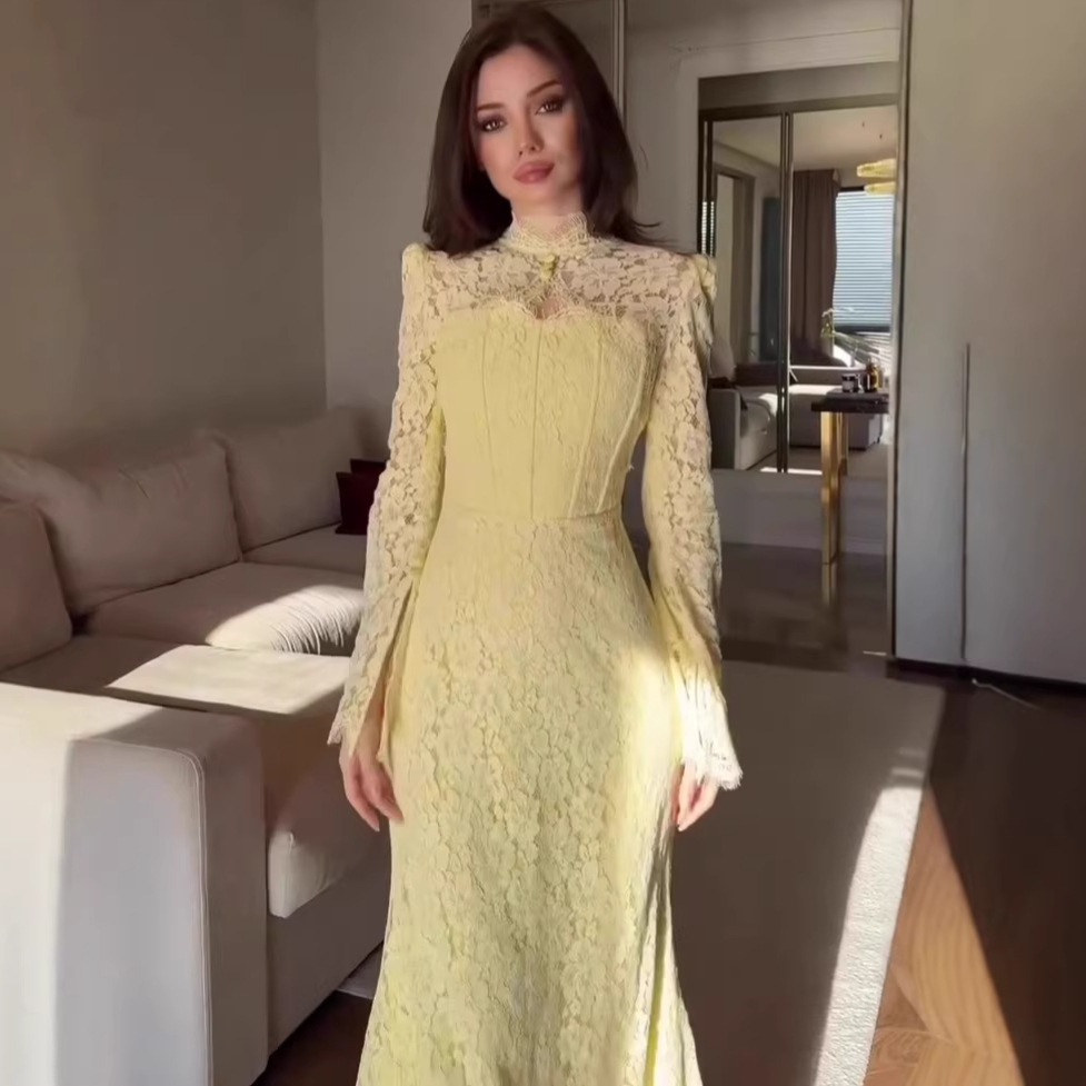 Luxury Lace Victorian Style Pencil Silhouette Long Sleeve Evening Dress With Natural Waist For Summer