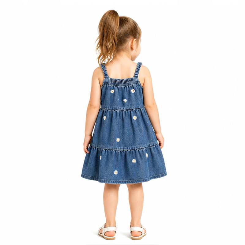 Girls Summer Casual Floral Embroidery Square Neck Sundress Children Tiered Denim Dress
