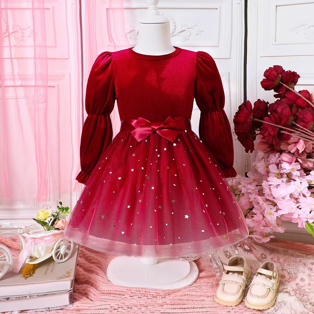 2024 Hot Selling New Trendy Popular Baby Girls Red Green Blue Velvet Christmas Evening Dress